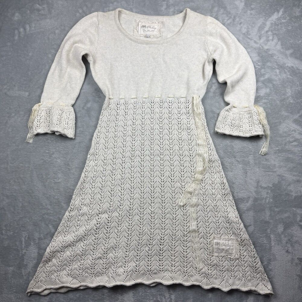JDL Clothing Women’s M/L Cream Crochet Knit Boho Midi Dress Bell Sleeve